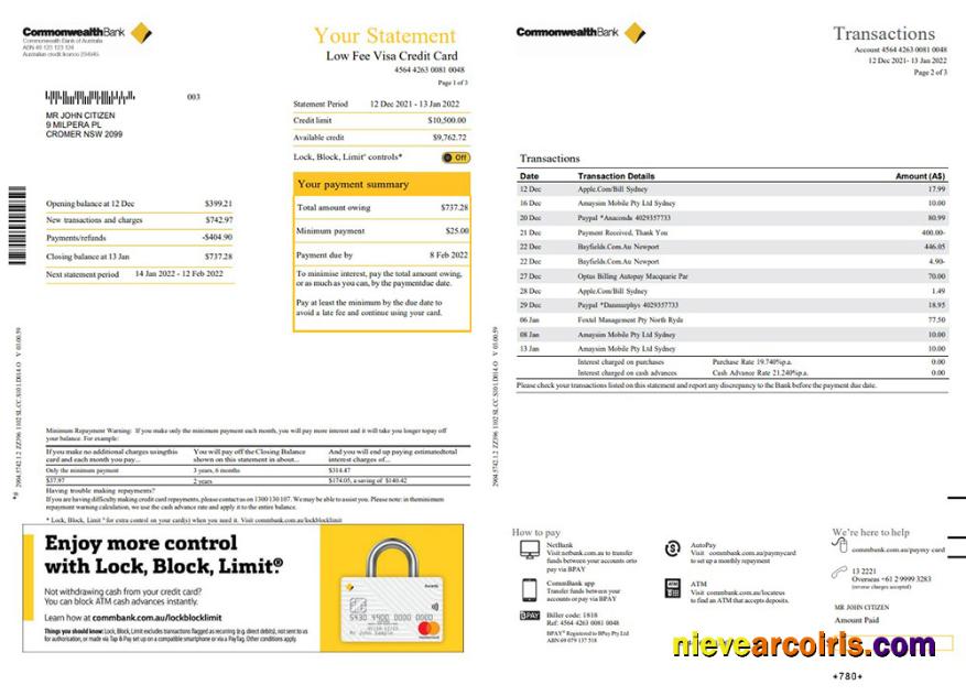 Australia Commonwealth bank statement, Word and PDF, 3 pages